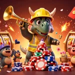 qs88 engages players with a lively casino scene featuring neon poker chips and cheering dinosaurs.