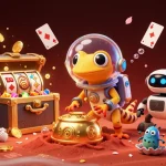 llwin showcases a vibrant casino scene with a Martian gecko discovering riches among gold coins and slot reels.