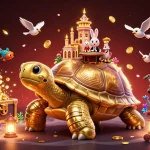 Kuwin showcases a vibrant casino scene with a golden tortoise and rabbit dealer, engaging players in thrilling games.