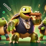 Engaging illustration of OKWIN showcasing a snapping turtle in a vintage suit with cryptocurrency elements, symbolizing online gambling