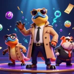 Experience the excitement of Uy88 with vibrant lottery games and 3D cartoon raptors at a casino lounge.
